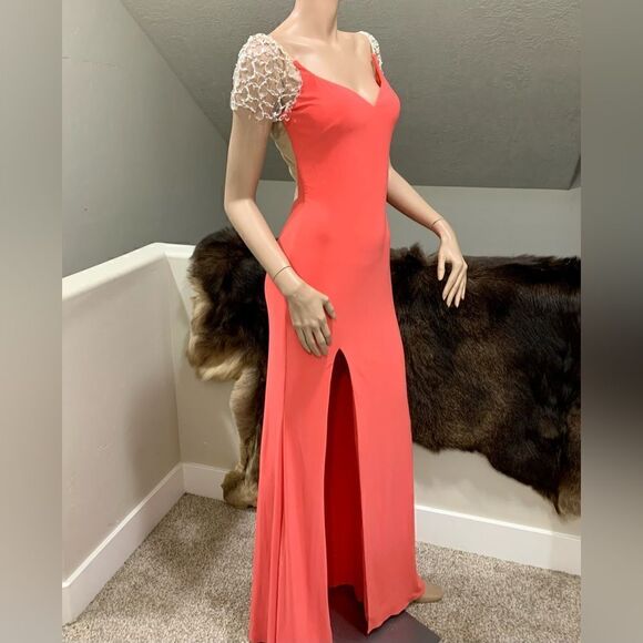 Elegant Crystal Detail Cap Sleeve Jersey Sheath Evening Dress & Sheer Back - Picture 10 of 13